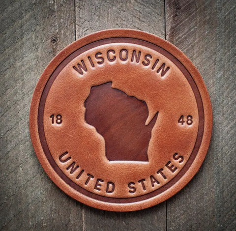 Wisco Size: 4" Wisconsin State Silhouette Leather Coaster