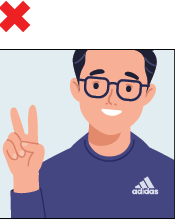 Red X mark over image of illustrated man wearing a logo and displaying a hand symbol.