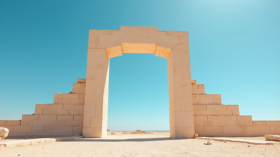 Wide angle view of Babylon Arch with blue sky background
