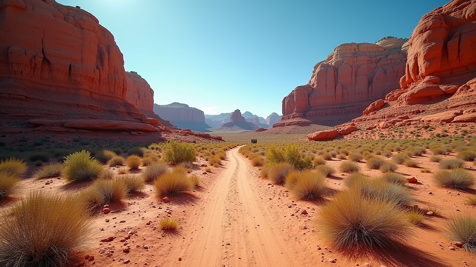 Eye-level view of a trail winding through red rock formations under a clear blue sky