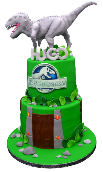 Bespoke Jurassic Park duo cake with 3D dinosaur topper, detailed decorations in Solihull, West Midlands celebration.