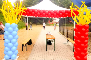 Zwei Ballonsäulen, eine in Blau, die andere in Rot. Beide mit gelbem Topper