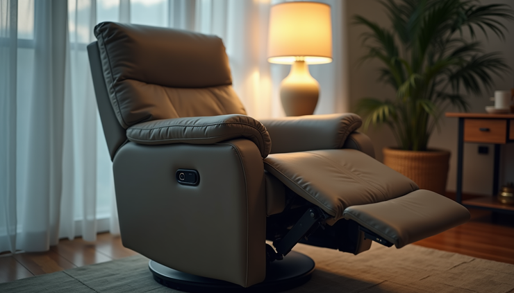Eye-level view of an electric recliner chair with visible control panel and upholstery that's been repaired by recliner and furniture repairs