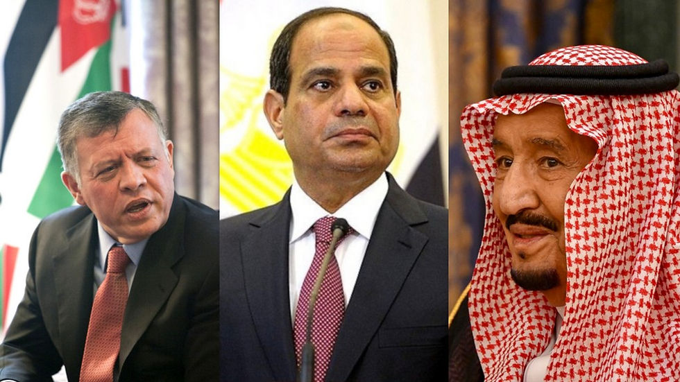 Illustration (l. to r.): King Abdullah II of Jordan by World Bank Photo Collection (CC BY-NC-ND 2.0) via Flickr, Abdel Fattah el-Sisi of Egypt by Kremlin.ru (CC BY 4.0) via Wikimedia, and King Salman bin Abdul-Aziz of Saudi Arabia by US Department of State (Public Domain) via Wikimedia