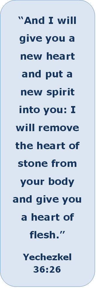 “And I will give you a new heart and put a new spirit into you: I will remove the heart of stone from your body and give you a heart of flesh.” Yechezkel 36:26
