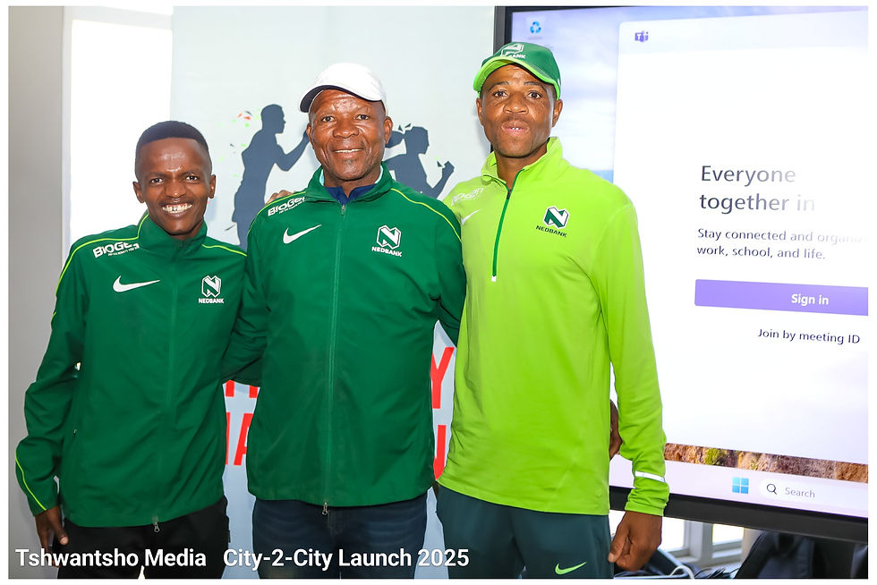 Khonkhobe alongside coach Zacharia 'Piou' Mpolokeng and teammate Lucky Mohale at the launch of the 2025 City2City 50km. Photo Credit: Lifutso Mabua.