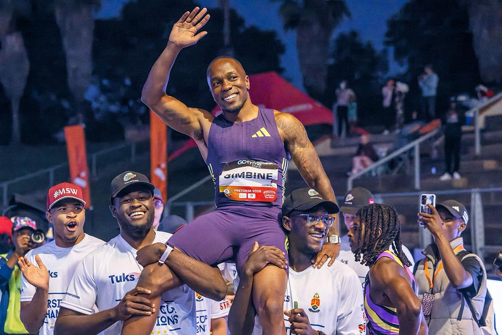 Akani Simbine celebrated by his team after the success of the inaugural SuperSport Simbine Classic at the Pilditch Athletics Stadium on 28 April. Photo Credit: Cecilia van Bers.