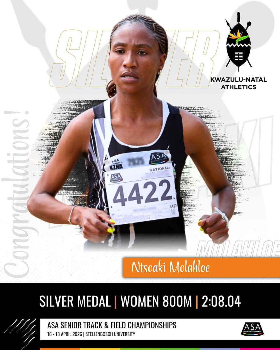 Molahloe has enjoyed a productive 2026 which has included six new personal best clockings over 800m, 1500m, the road mile, 5000m, 10km and the half marathon. Photo Credit: KZNA Media.