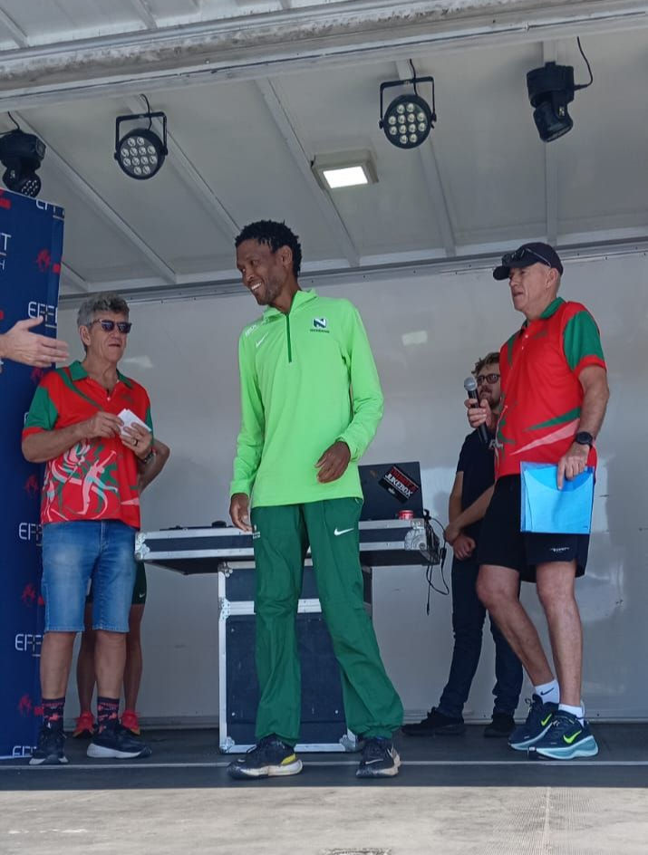 Mmone on the podium after winning the Efficient Group Klerksdorp Hal Marathon. Photo Credit: Supplied.