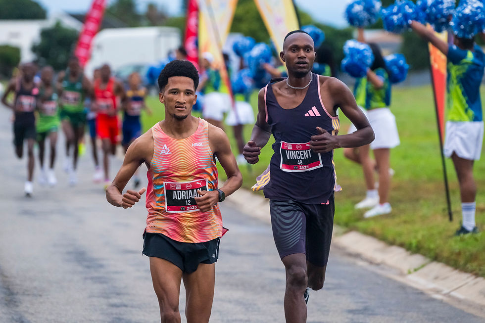 Only Kenya's Vincent Kipkorir who finished second in 27:47, could stick with Wildschutt during the first half of the 2025 Absa RUN YOUR CITY GQEBERHA 10K. Wildschutt says he'll need stronger competition in order to become the first human being to run a 26 minute 10km on African soil. Photo Credit: Anthony Grote.