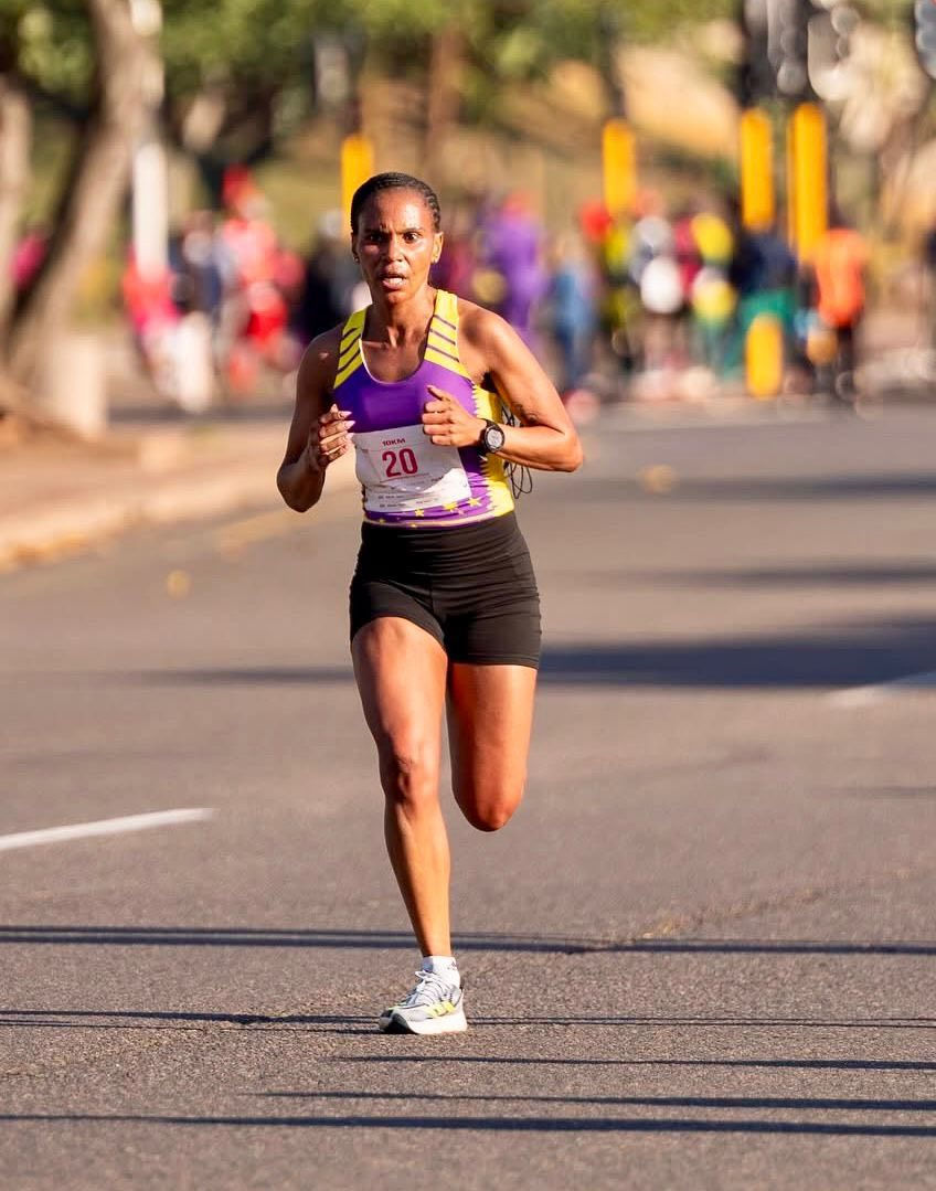 Khatala in action during the 2025 Totalsports Women's Race in Druban where she set a new 10km national record for Lesotho - pending ratification. Photo Credit: Cuan Walker.
