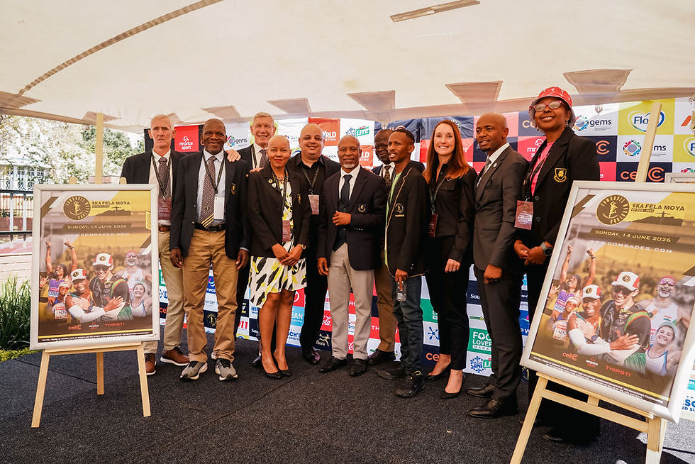 Some of the dignitaries at the 2026 Comrades Marathon Launch included (from left) CMA Board Members Alan Gray, Willie Mtolo, Barry Holland and Nontuthuko Mashimane, CMA General Manager Alain Dalais, CMA Chairperson Mqondisi Ngcobo, CMA Board Member Isaac Ngwenya, three-time Comrades Marathon winner Tete Dijana, newly appointed Comrades Marathon Race Director Sue Forge, Msunduzi Municipality Deputy Mayor Mxolisi Mkhize, and CMA Board Member Brenda Marolen. Photo Credit: CMA Media.