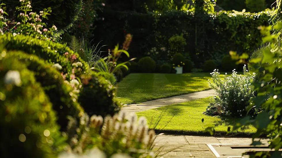 Ein Garten mit Rasen und Sträuchern