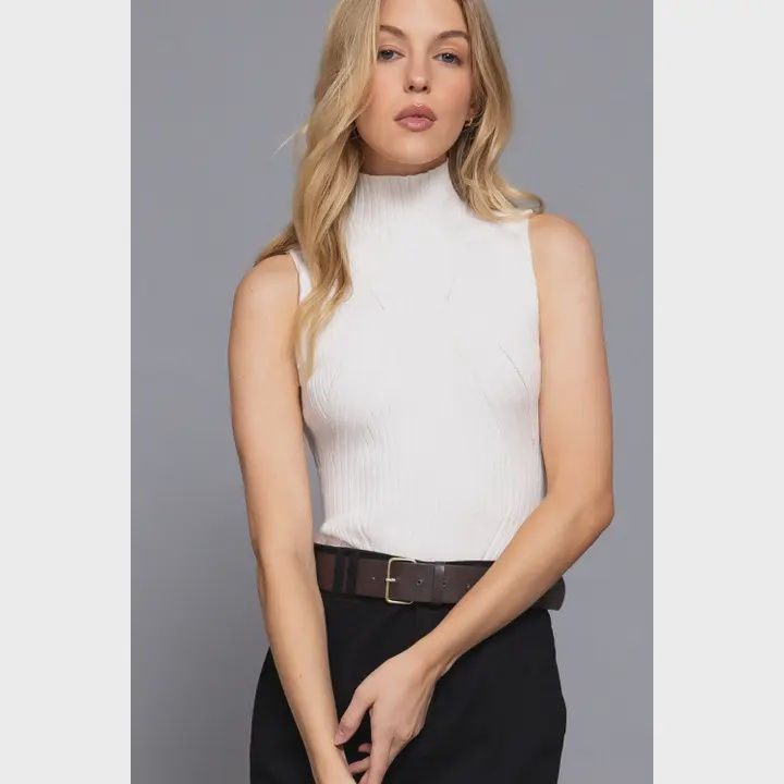 Sleeveless High Neck Rib Sweater