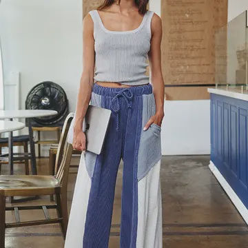 Color Block Rib Texture Wide Leg Pant