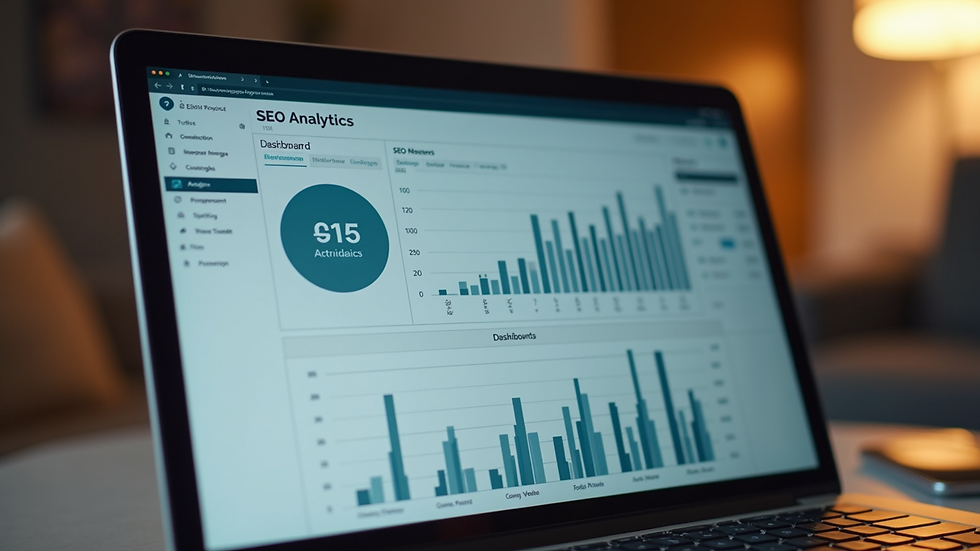 High angle view of a laptop screen showing SEO analytics dashboard