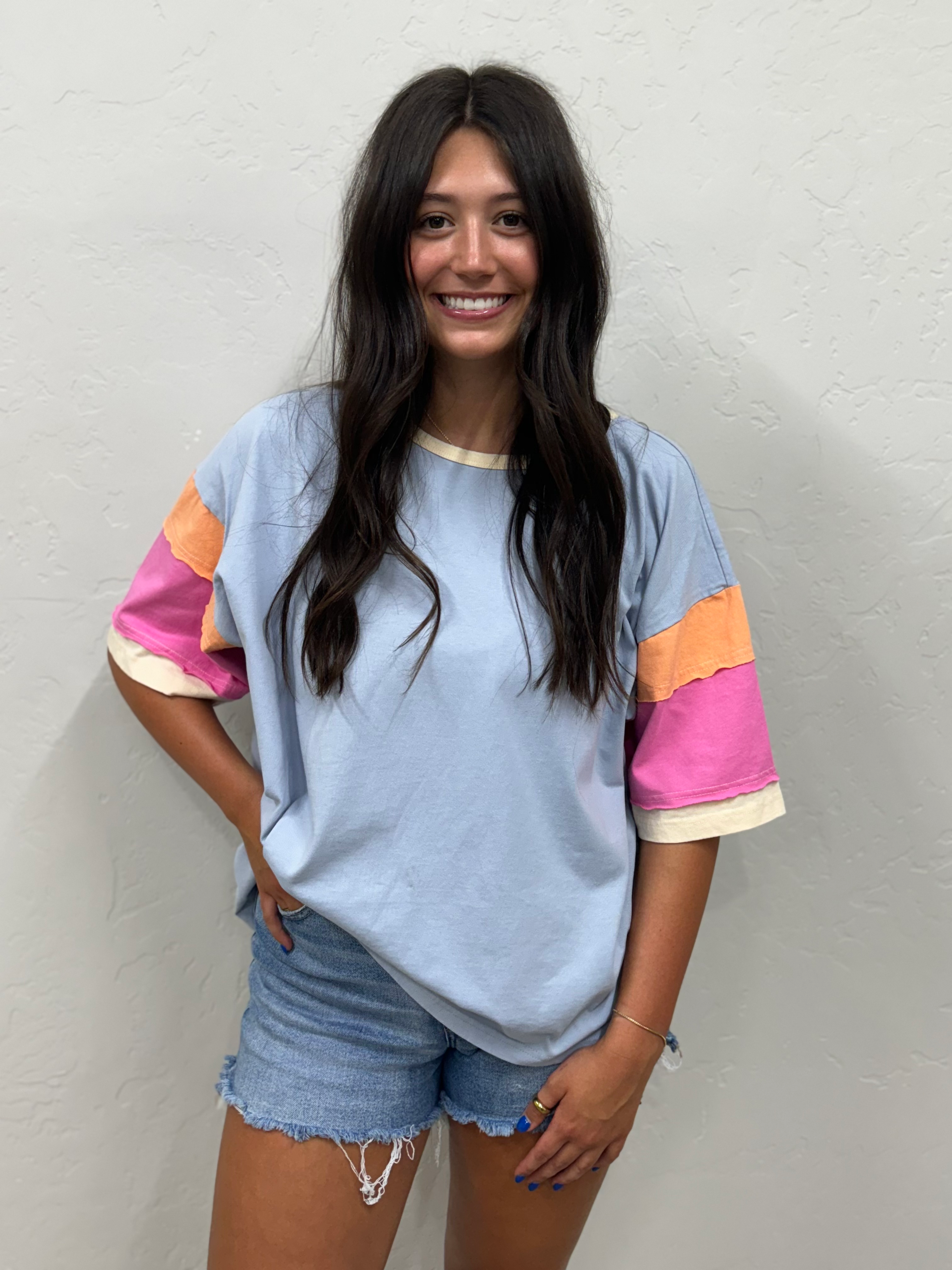 Carolina Blue Tee shirt With Multi Colored Sleeves