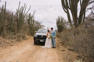 Bruidspaar naast een pickup truck op een cactusweg in Washington Slagbaai National Park