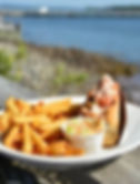Lobster roll, fries, and coleslaw on a white plate by a waterfront setting, with clear blue sky and distant shoreline in the background.