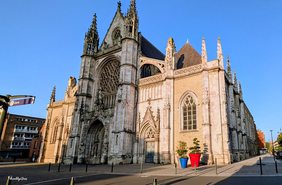 Sunlit Gothic cathedral on a quiet city street under blue sky, with a Gare sign and colorful potted plants by the entrance.