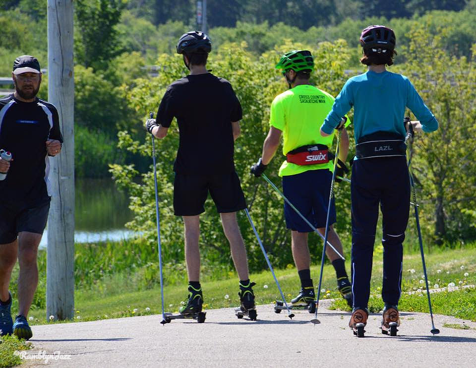 Three people on roller skis with poles, wearing helmets on a sunny path. One person jogs nearby. Lush green trees in the background.