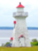 White lighthouse with a red roof stands near a calm body of water. A grassy area surrounds it, and distant trees line the horizon.