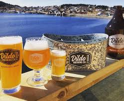 a waterfront bar with glasses of Dildo beer