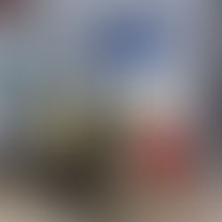 Mannequin in yellow raincoat sits by barrels. Canoe painted red, white, and blue with star leans against a shingled wall.