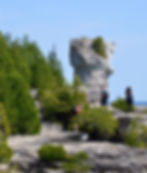 Hikers explore rocky trail with lush greenery and a large stone formation. A bird stands near them under a clear blue sky.