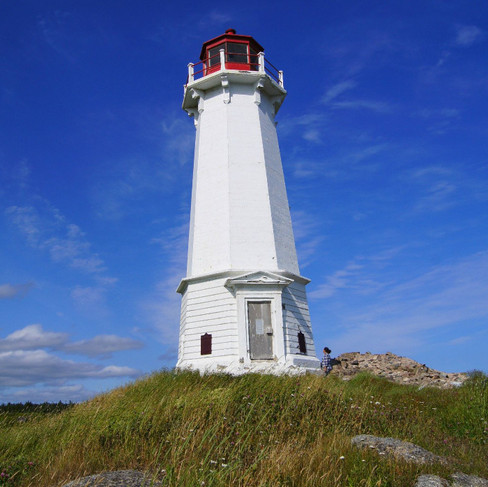 white lighthouse with red light top on a grassy hill