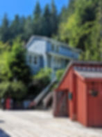 Some wooden buildings built along a boardwalk and up a tree-covered hill