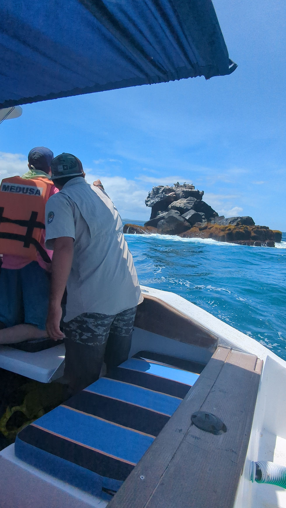High angle view of a boat approaching volcanic coastline at sunset