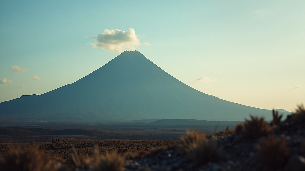 Eye-level view of a landscape with a majestic volcano