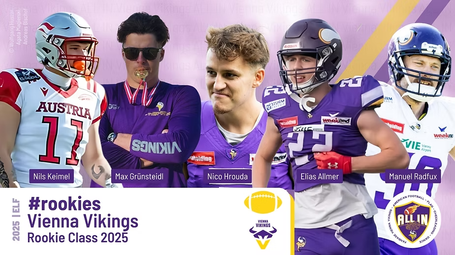 Vienna Vikings ROOKIE-CLASS für die ELF25, Fotos ©️ (v.li.n.re) DB Photography, A. Magierski, Andreas Bischof, AFC Vienna Vikings, Andreas Bischof
