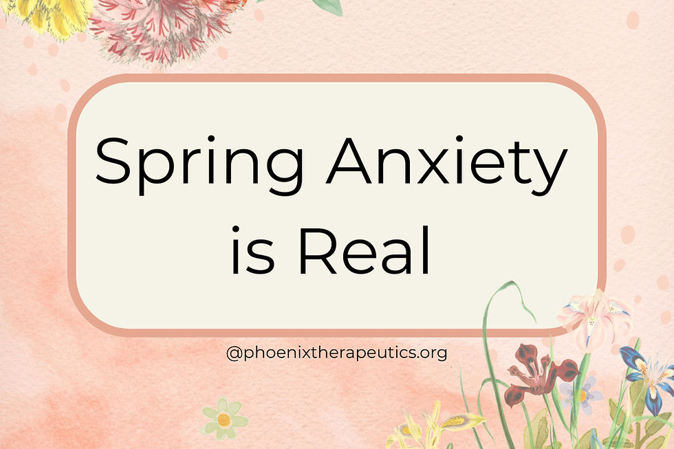 A graphic with a pink background and floral accents that says "Spring Anxiety is Real."