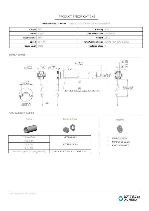 Automate M6 Motor - 6Nm - AC 240 Volt - Roller Blind Motor SPECIFICATIONS