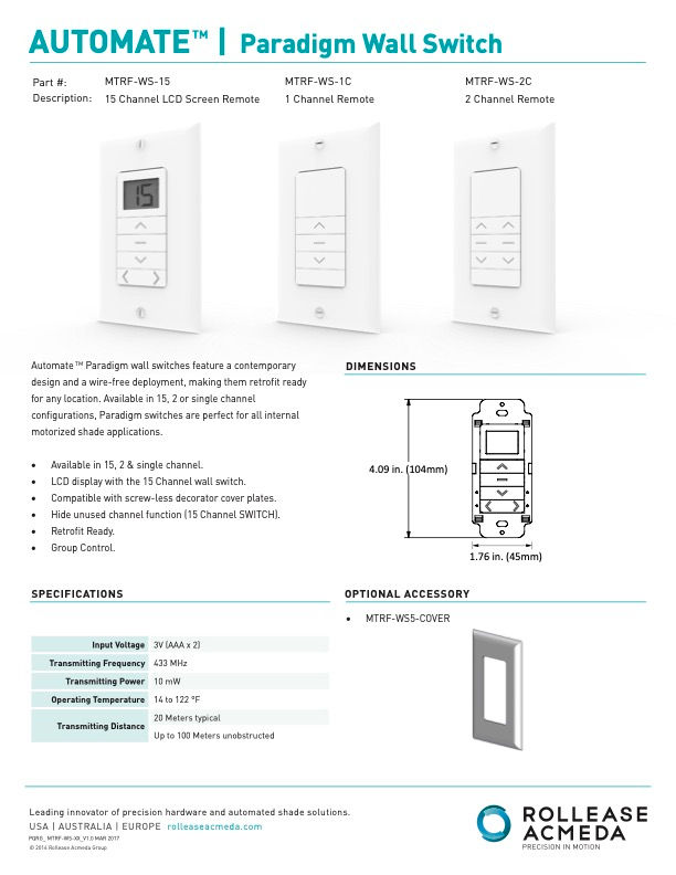Automate Paradigm Wall Controllers - 1,2,15 Channels - specifications and features