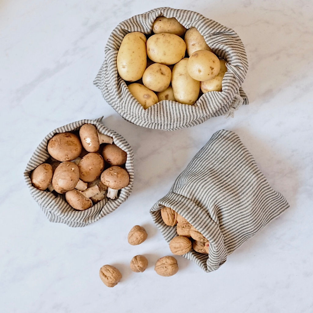 set of striped linen produce bags