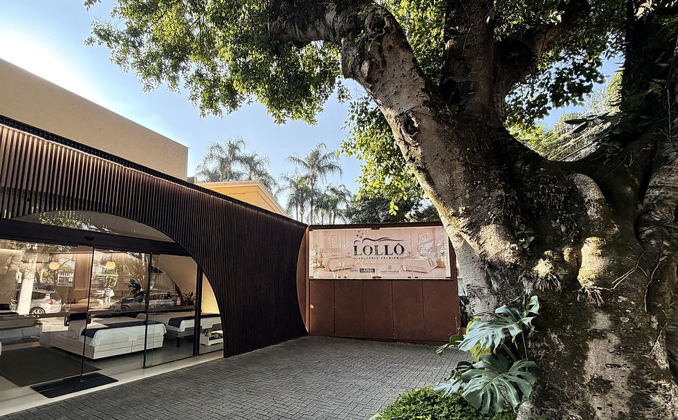 Fachada do showroom Lollô Colchões no Jardim Europa, com a placa da loja e as marcas Sleep Solutions e Mattsons