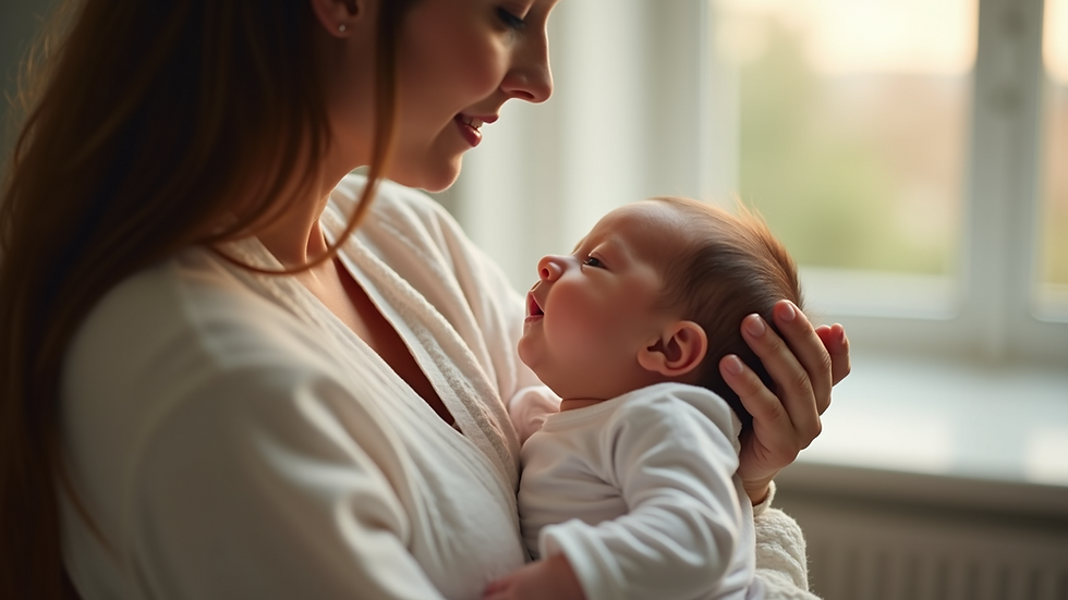 Close-up view of a mother holding her newborn baby in a cozy setting