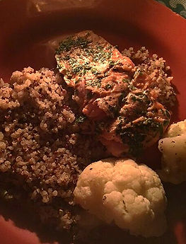 Salmon plate with quinoa and fire roasted cauliflower