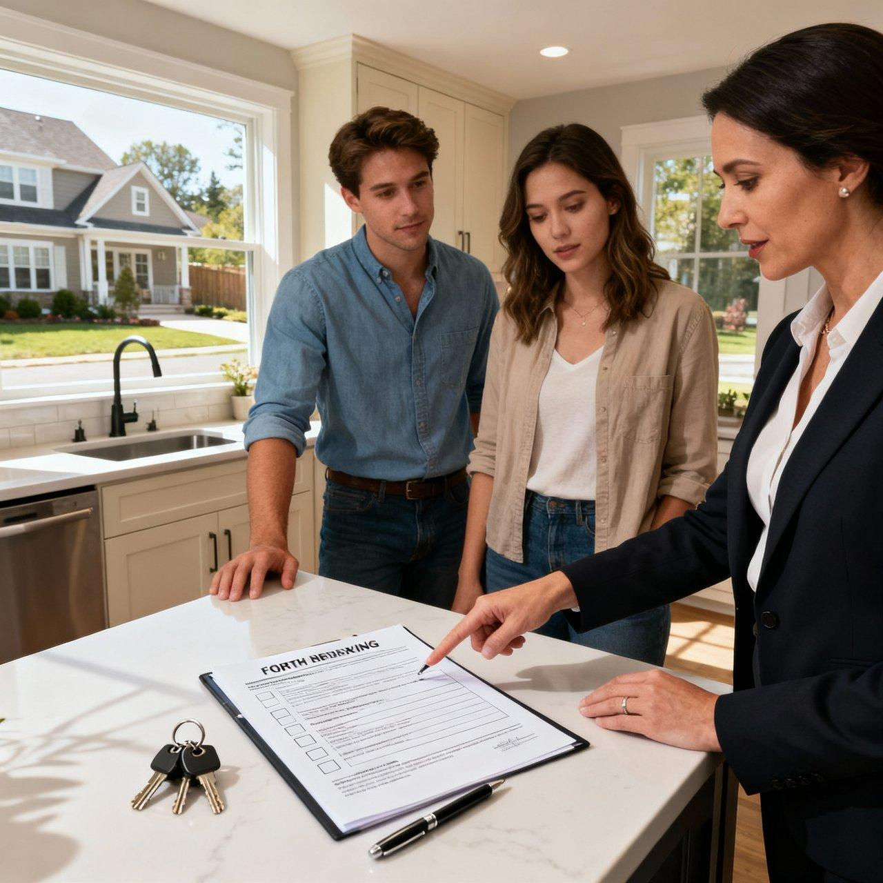 Couple reviewing a home purchase offer with their Bend Real Estate Agent.