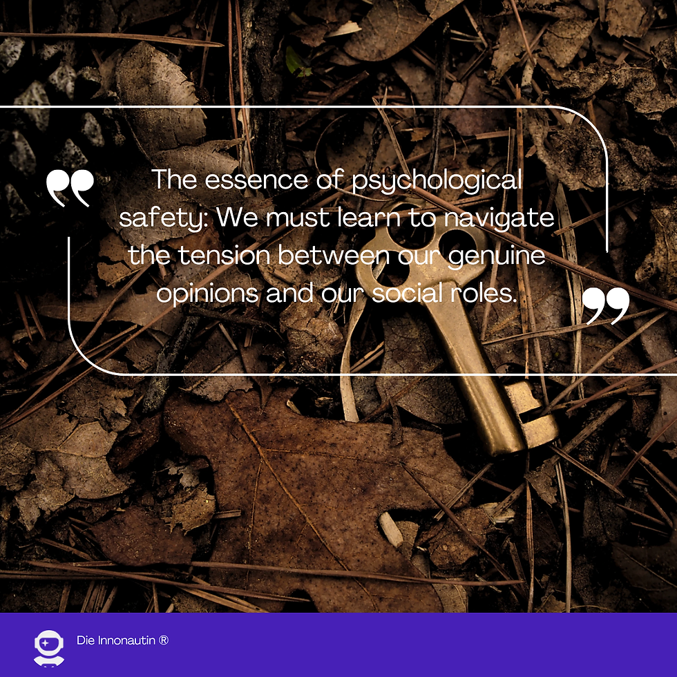 Brass key on leaf-covered forest floor with white quote about psychological safety and purple footer reading Die Inonautin®