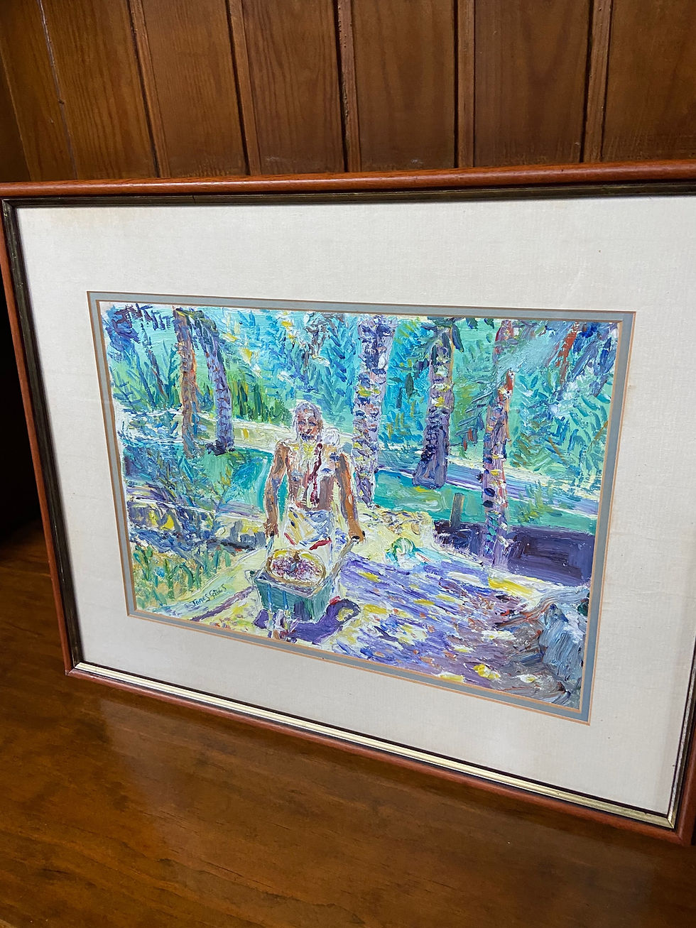Thumbnail: Framed and signed man with wheelbarrow painting 40x32 