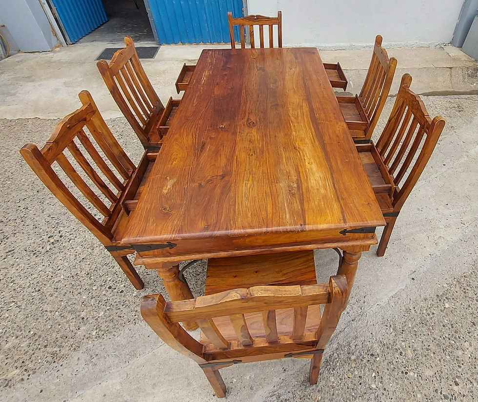 Thumbnail: Beautiful Indian wood dining table with 6 drawers and coach bolt detail and 6 ch