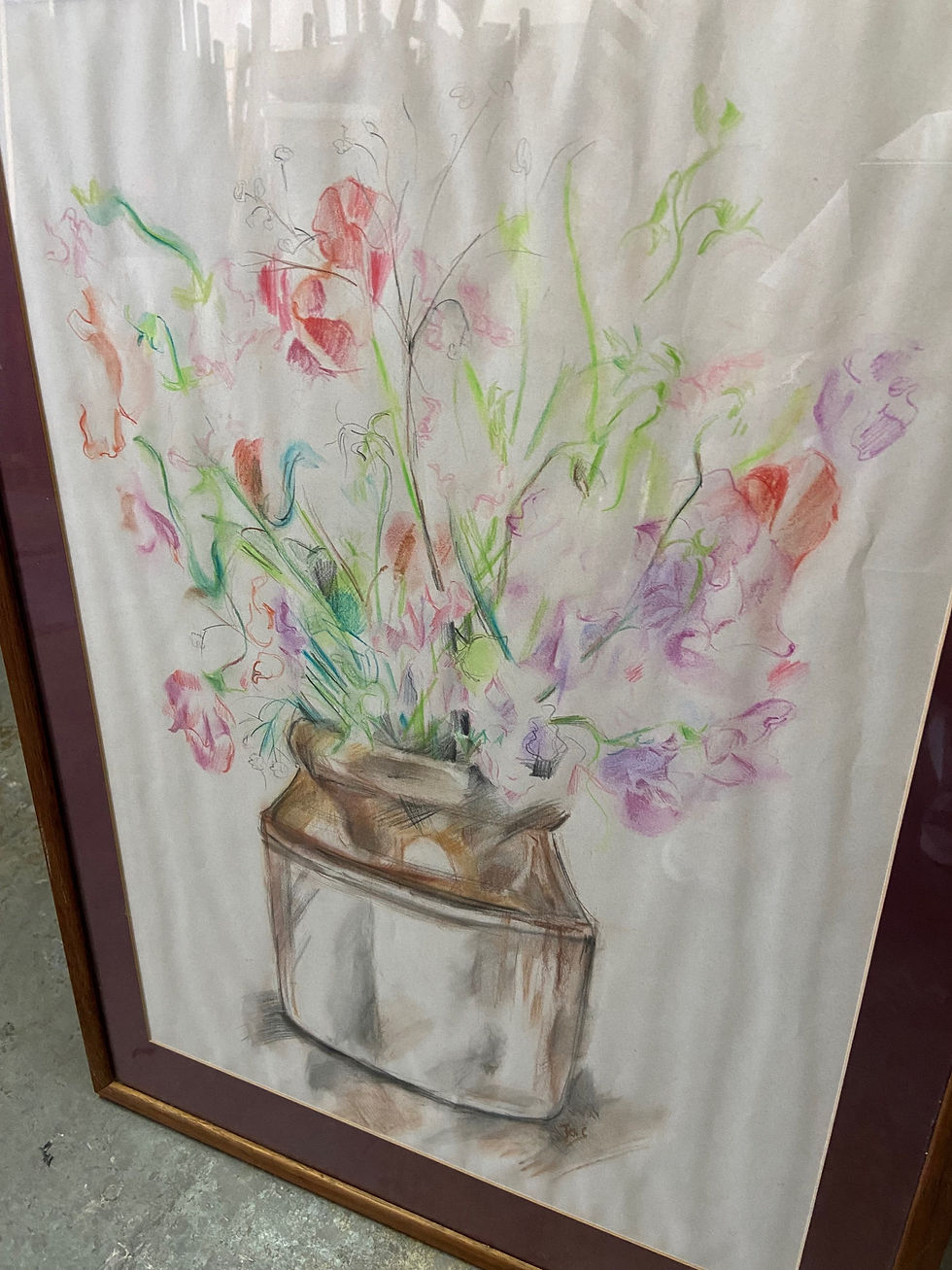 Thumbnail: Hand drawn and pencil coloured flowers in a vase framed picture 51.5x70 