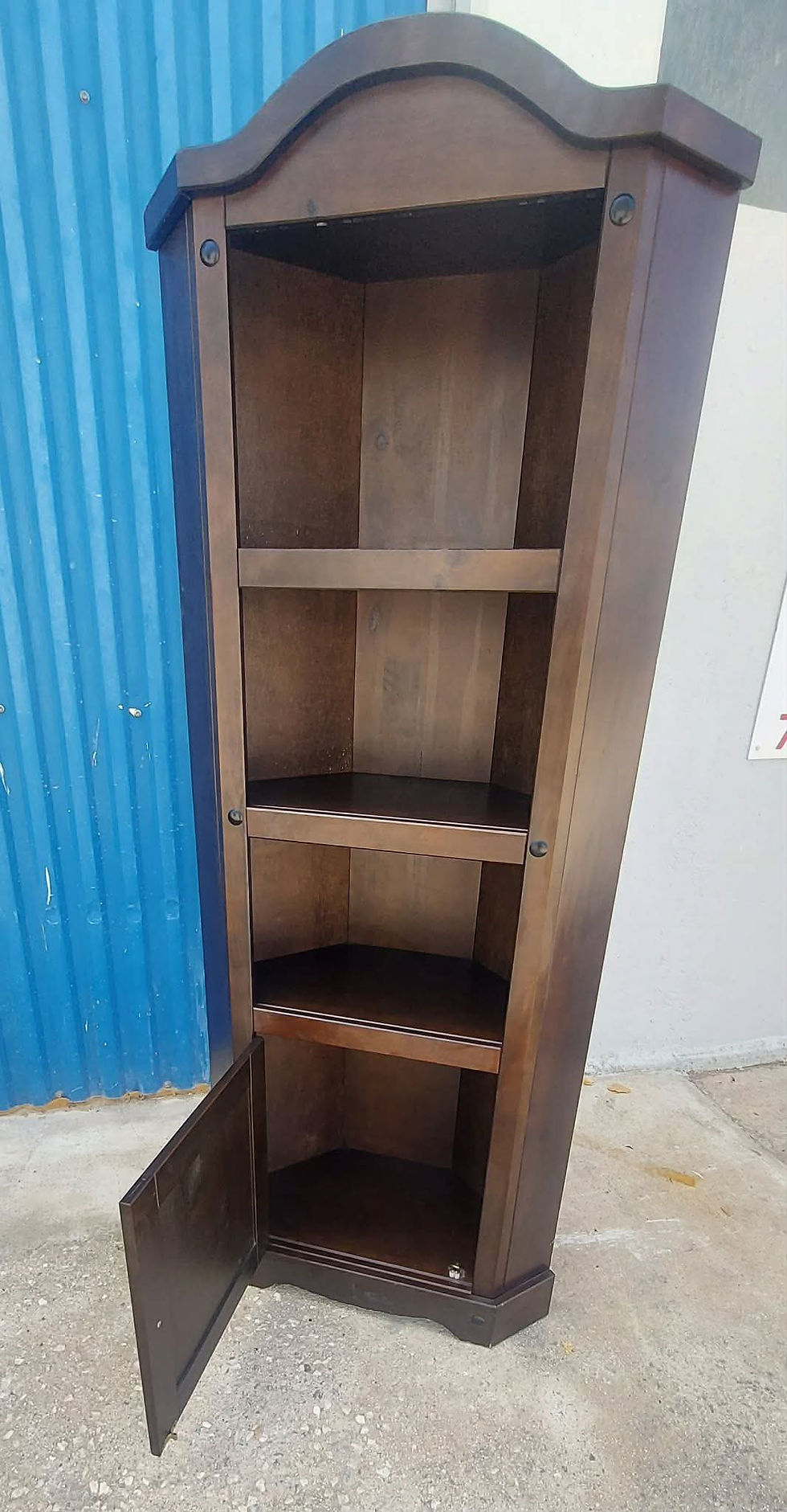 Thumbnail: Dark wood 3 shelf corner unit with cupboard (90 x 30 x 90) €125