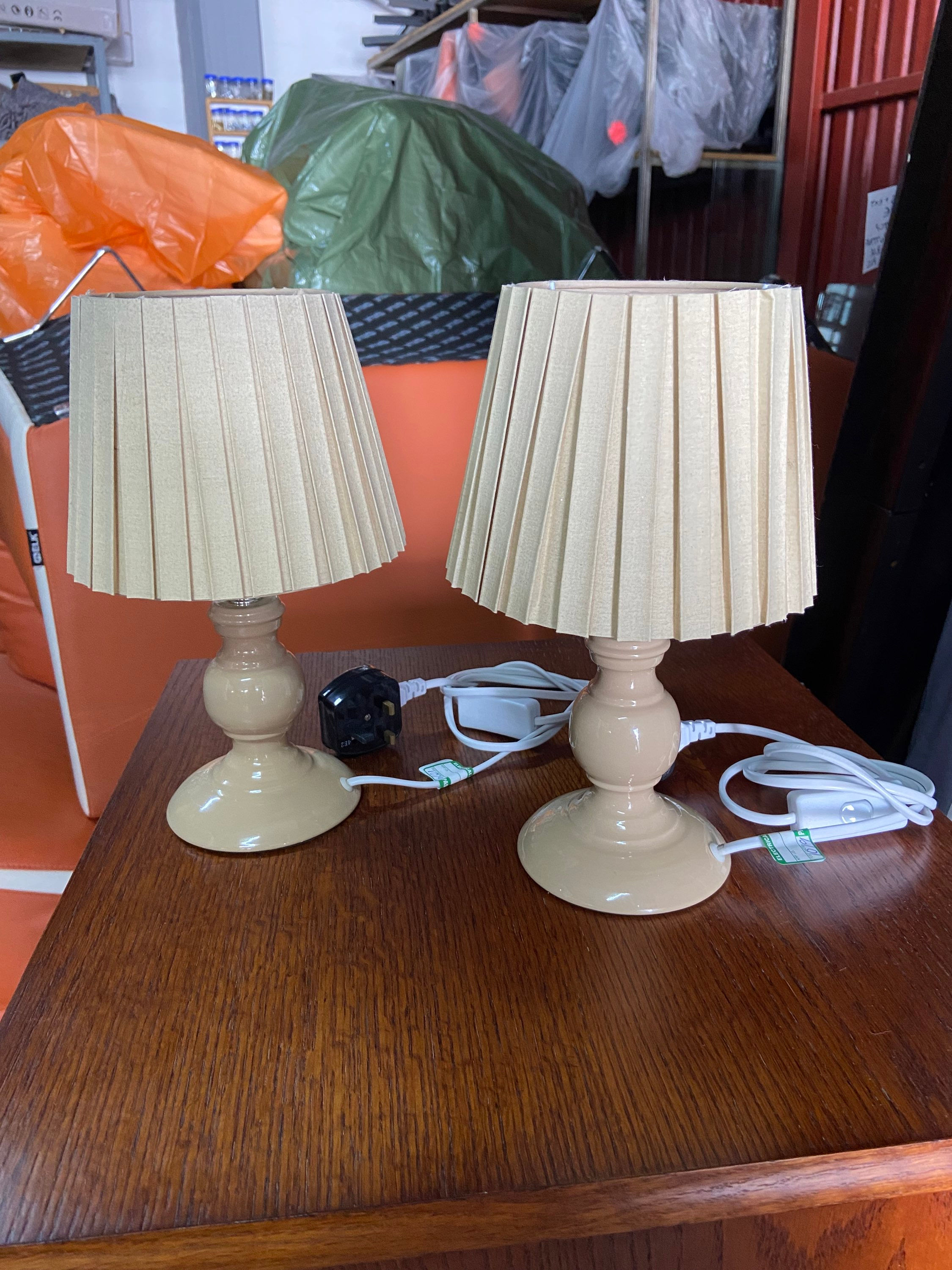 Pair of stone coloured bedside lamps with pleated shades 28h 