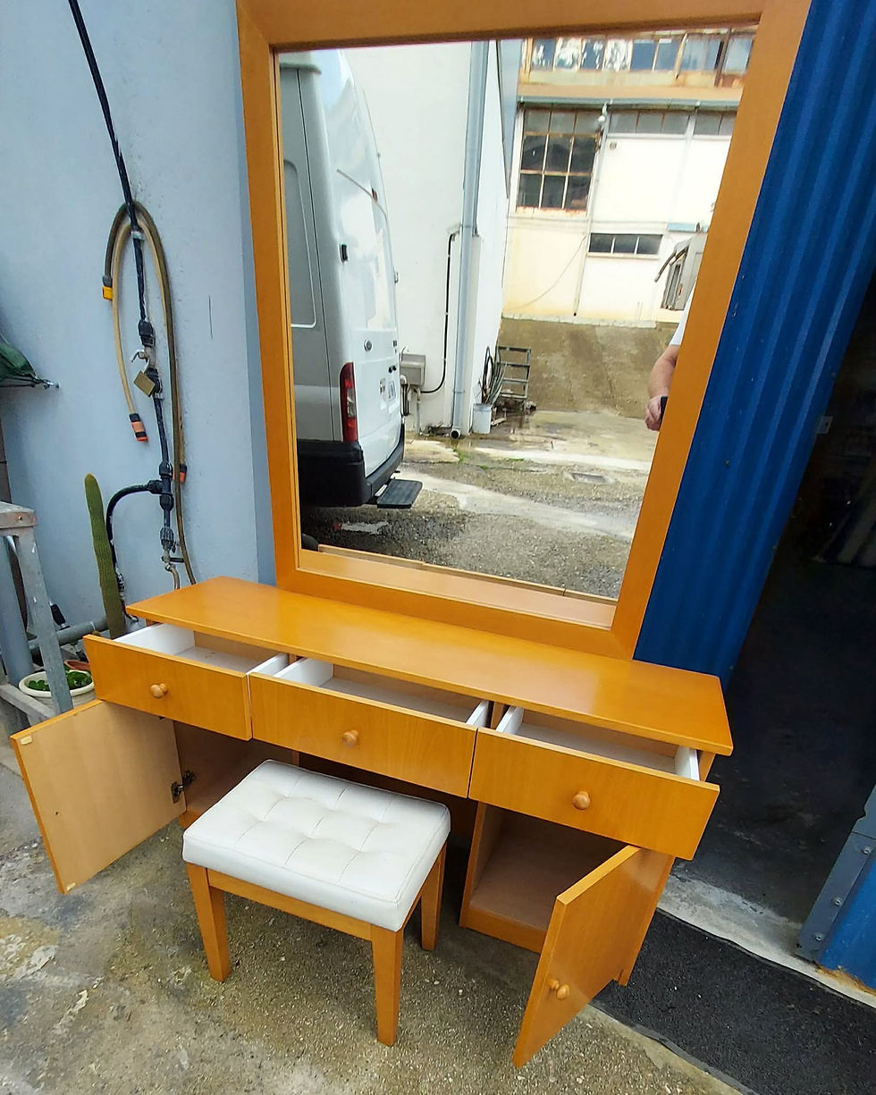 Thumbnail: Pine veneer 1 drawer and 2 cupboard dressing table with mirror and stool (131 x