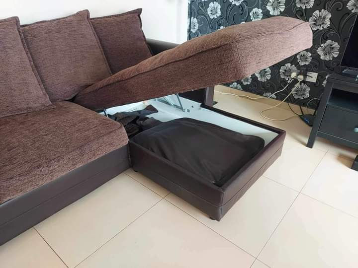 Thumbnail: Large newly upholstered brown corner sofa with storage